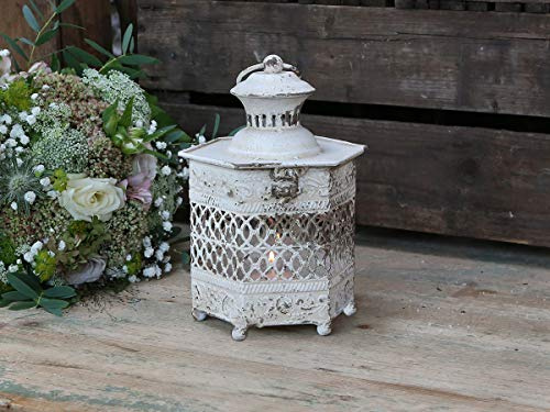 Chic Antique Laterne Hänge-Stand Windlicht Metall Garten Deko Antik Weiss Vintage H 22 cm