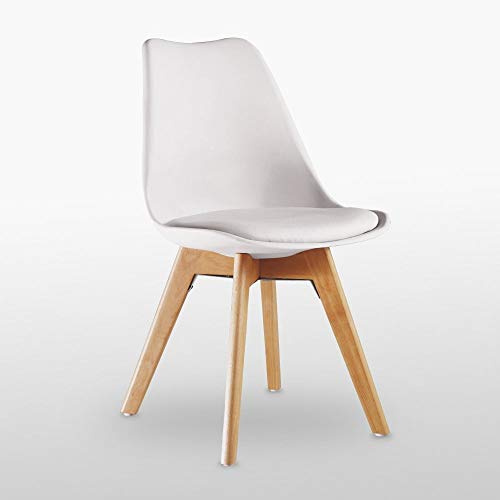 Retro Modern Dining Chairs – Lorenzo Plastic Chairs with Cushioned Pad Seat & Solid Beech Wooden Legs - Mid Century Side Chair for Dining Room Living Room Kitchen (Modern, Multicoloured White)