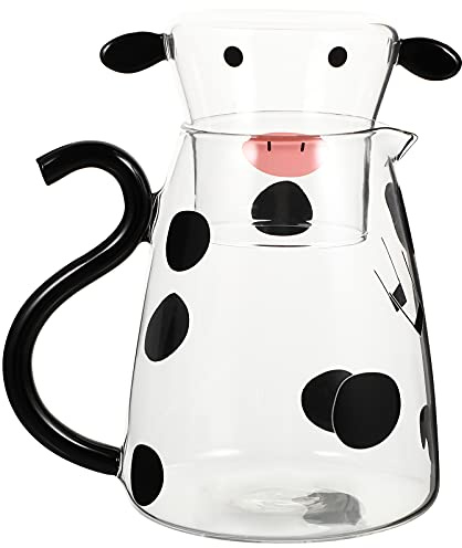 BESTonZON Glaskrug mit Tasse Kuh Figur Glaskaraffe Glaskanne Wasserkrug Eistee Kanne Saftkrug Getr?nke K¨¹hlschrank Karaffe Wasserkanne f¨¹r Wasser Getr?nke Wein Kaffee Milch Saft 550ml