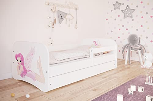 Bjird Kinderbett Jugendbett 70x140 80x160 80x180 Weiß mit Rausfallschutz Matratze Schublade und Lattenrost Kinderbetten für Mädchen und Junge - Fee mit Flügeln 140 cm
