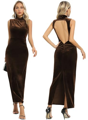 Capuffy Women Backless Velvet Maxi Dress Back Slit Ruched Bodycon Formal Dress High Neck Cocktail Party Dress 091(Small,Coffee)