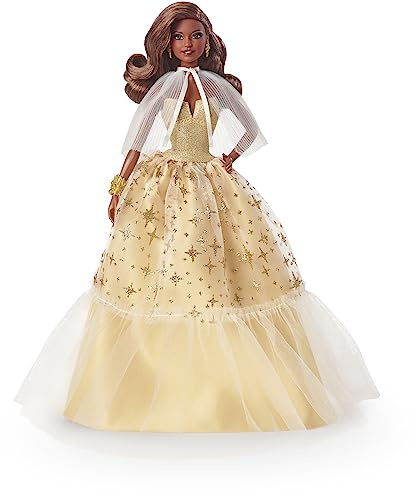 Barbie Signature Joyeux Noël 2023 Poupée Spéciale Fêtes 35Ème Anniversaire avec Robe De Soirée Dorée, Cheveux Bruns Et Emballage De Présentation, À Collectionner, Jouet Enfant, Dès 3 Ans, HJX05