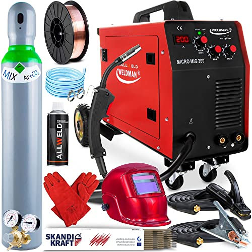 Weldman Micro MIG 200-200A Inverter MIG MAG Schweißgerät Schutzgas und Fülldraht - Mit MMA: Elektroden Schweißgerät - Kombi Schweißgerät mit Fahrwerk, Set zum Auswählen:ProfessionalPlus