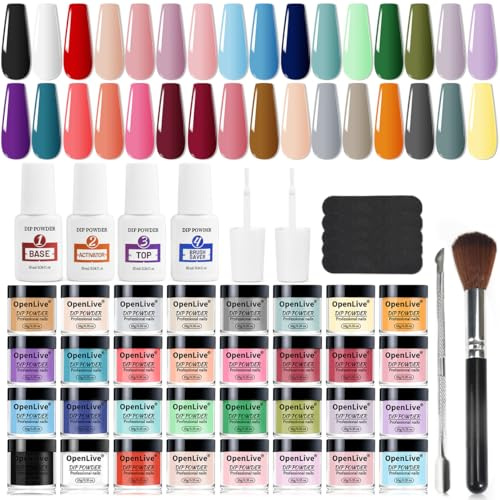 Openlive 32 Color Dip Nail Powder Starter Kit 36 Bottle Blue Cheese Yellow with Base Top Coat Activator Dip Powder Kit for French Nail Art Manicure DIY Salon