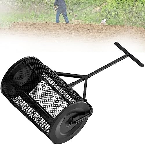 Kompostspridare, gräsmattevals, lättviktig gödselspridarvals med T-format handtag, toppjordspridare för gräsmatta och trädgård, gå och skjut korgsikt för gården,Black-40 * 60cm