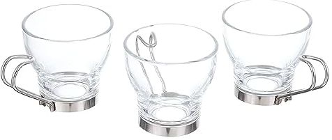 CASA E BENESSERE Set da 3 Tazzine in Vetro Trasparente con Manico in Metallo per caffè Espresso Colazione 9cl Bicchierini per Bevande, Tazze da Cappuccino, Lavabili in lavastoviglie (Vivaltò x3 9CL)
