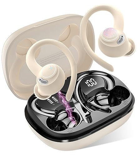 Jesebang Wireless Earbuds, Bluetooth 5.3 Headphones, 2024 Wireless Earphones HiFi Stereo Sound with ENC Mic, Sport Headsets in Ear EarHooks for Running, 40H Dual LED Display, IP7, Beige