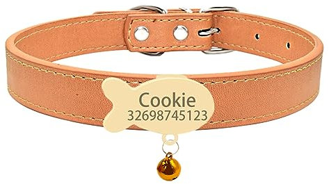 Namensschild Katzenhalsband Glocke Halskette Gürtel Personalisierte ID Namensschild Katzenhalsband Weiche Sicherheit Haustier Kätzchen Katzenhalsband,Gold-Khaki,XXS (16cm-21c
