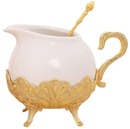 CekoCk Sucrier rétro avec Couvercle, sucrier européen avec cuillère, Pot à Lait en céramique dorée, Accessoires de Bar à café, crémier décoratif en métal-or-13x10cm
