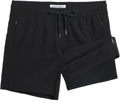 maamgic 5inch Mens Swimming Trunks with Compression Liner 2-in-1 Swim Trunks Stretch Quick Dry Swim Shorts Zipper Pockets Black and Black Large