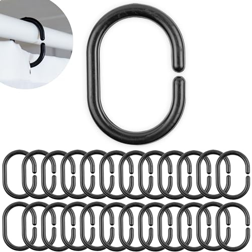 Anillos de Cortina de Ducha, 24 Piezas, en Negro, Diámetro Interior 46 x 29 mm, para Barras de Cortina de Ducha, Anillos de Ducha de Plástico Resistentes, Ganchos de Cortina de Ducha, C-Ring Gancho
