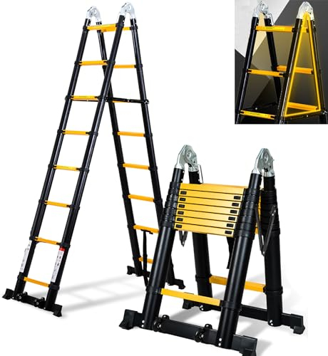 Cecaylie Échelle télescopique pliable de 5 m (2,5 + 2,5), en aluminium, avec double poulie amovible, charge maximale : 150 kg, extensible, antidérapante, noir jaune