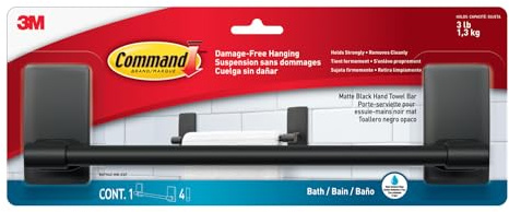 Command Porte-serviette pour Salle de Bains, Noir Mat - 1 Porte-serviettes et 4 Bandes Adhésives Résistantes à l'eau de Taille Moyenne, 1,3 kg - Accrochage Sans Dommage