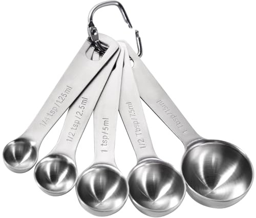 U-Taste Kitchen 18/8 Stainless Steel Measuring Spoons Set of 5, Silver | Metal Scoops for Baking Cooking Food, Heavy Duty Upgraded Measure Tools, Metric & US Measurements Carved with a Removal Ring
