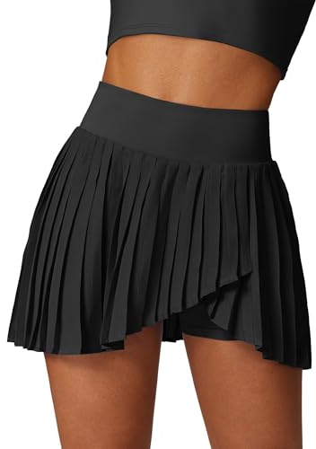 Eingebaute Kurze Hose Enge Badminton Unregelmäßiger Plissee Skort für Damen Stretch Elastischer hoher breiter Bund Atmungsaktive Übung Mini Rock Schwarz L
