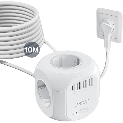 LENCENT Cubo Regleta Enchufes 10M con Enchufe Plano Regleta para Uso Interior, 8 En 1 Regleta Enchufes Plano con 4 Tomas de CA, 3 USB y 1 Tipo C para Familia, Cocina y Oficina