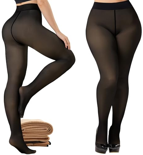 YOGINGO Fleecefodrade tights för kvinnor – hög midja falska genomskinliga termiska leggings tjocka varma strumpbyxor för vintern, Svart, L