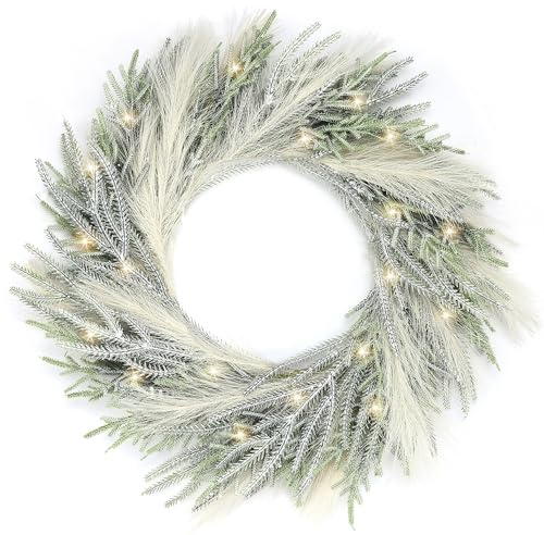Perfnique Norfolk-Kiefernkranz für Haustür mit Lichtern, 61 cm, mit Pampasgras, Winterkränze für Innen- und Außenbereich, für Wand, Fenster, Kamin, Zuhause, Urlaubsdekoration, Kiefer und Pampas