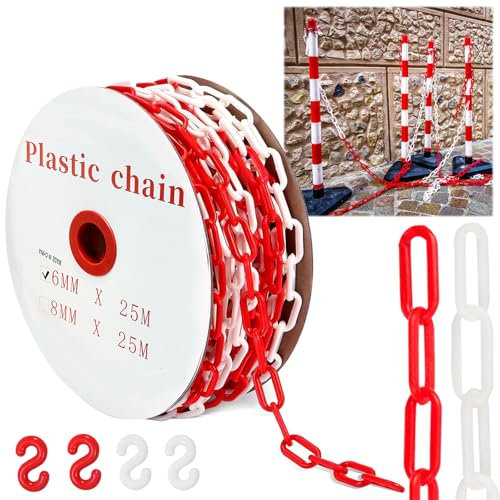 Cadena de seguridad de 25 m de color rojo y blanco, cadena de plástico de 6 mm, con 4 mosquetones para barreras en entradas, lugares de trabajo y garajes