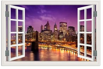 RXNHGJDS Fensterblick Bilder auf Leinwand,Lila Stadtnachtansichtbrücke,Leinwandbild Sonnenuntergang Wandbilder Fensterblick Offenes Fenster Ansicht Bild120x80cm(47x31in) Rahmenlos