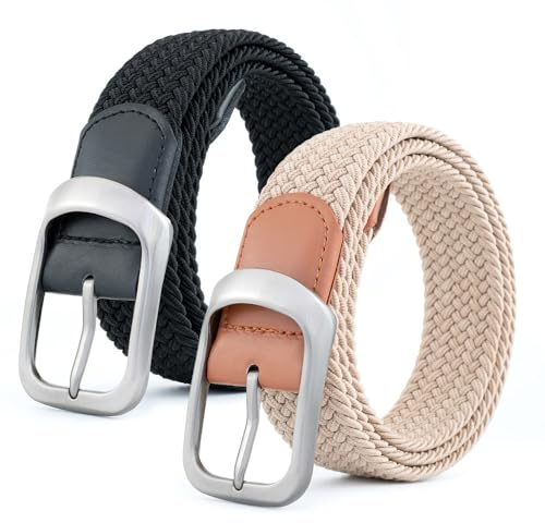 BOZEVON Flätat Stretchigt Bälte för Män - Andningsbart Stretch Vävt Bälte Unisex Män Kvinnor Flätat Elastiskt Bälte Casual Justerbara Midjebälten Svart Silver + Beige
