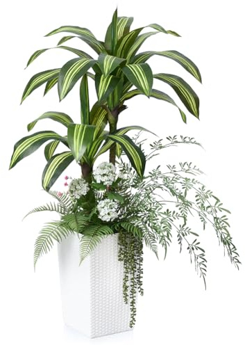 VeriNatural Künstliche Pflanze Drachenbaum 120 cm – Kunstpflanzen wie echt mit 6 Mini Pflanzen & UV Schutz – Große Plastikpflanze Künstlich mit Weiß Topf Deko Wohnzimmer Büro Innen & Auße, VN151