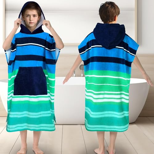 Surf Poncho Towel for Teens & Big Kids (8-14 Years,36X26) | 100% Cotton Ultra-Absorbent Oversized Hooded Towel Robe with Pocket for Boys | Swim Cover-Up for Pool, Beach, Bath | Blue Striped Design