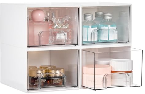 Vtopmart 4 Pack Clear Small Stackable Storage Drawers, Acrylic Bathroom Makeup Organiser, Plastic Storage Box For Vanity, Under Sink, Kitchen Cupboard, Pantry, Home Organization(white) | Bathroom Makeup Accessories Organizer, Plastic Bins For Desk, Vanity, Undersink, Medicine Cabinet ,Home Organization