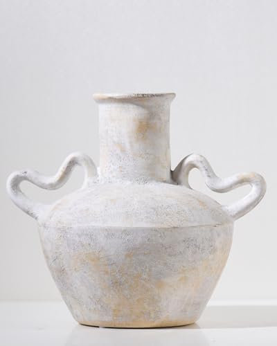 UPWOIGH Vaso in ceramica da 23,6 cm con 2 manici, barattolo in ceramica rustica vintage beige e giallo con finitura nera invecchiata, decorazione bohémien per casa, tavolo, mensola, soggiorno