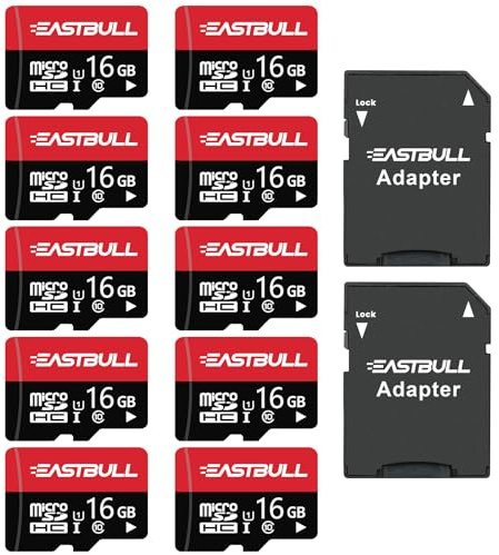 Pack de 10 tarjetas Micro SD de 16 GB, tarjetas de memoria SD EASTBULL de 32 GB, vídeo Full HD 90 MB/s UHS-I U1 Micro SDHC Clase 10 para cámaras de vigilancia (10 unidades y 2 adaptadores)