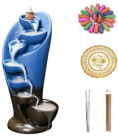 YYW Keramik Räucherkegel Set mit 20 Kegeln | Wasserfall Räuchergefäß für Meditation, Inkl. Zange & Schutzmatte(BLAU)