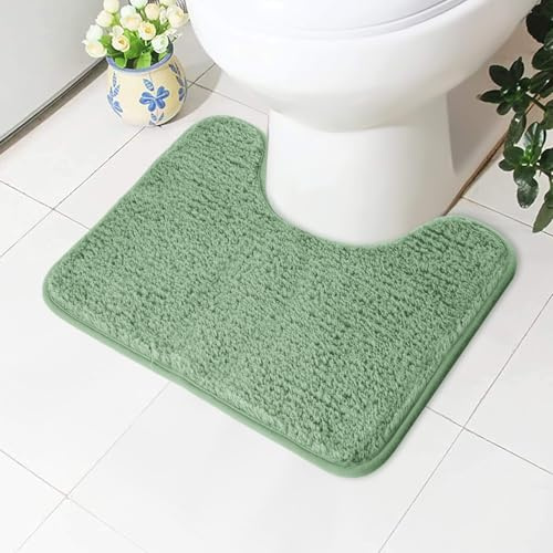 AUAUY Absorbent Toilet Mat, Non Slip Extra Soft Bathroom Pedestal Mat, Microfiber Fluffy Shaggy Toilet Rug, Machine-Washable Quick Dry Bath Mat for Bathroom, U-shape Thick Toilet Rug, 50x40cm(Green)