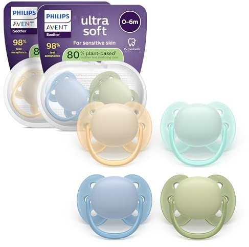 Philips Avent ultra soft-nappar – ortodontisk design, för bebisar på 0–6 månader, flexibel sköld, symmetrisk silikonnapp, BPA-fri, 2 steriliseringsfodral, 4-pack, SCF091/50