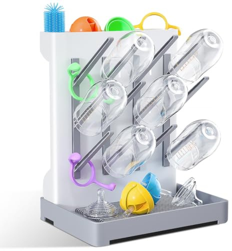 WillMall Baby Bottle Drying Rack: Vertical Space Saving Large Bottles Holder - Standing Boon Dryer Rack Baby Accessory - Countertop Holds Up to 12 Bottles & Pump Part Cleaning & Cup (Blue) (Gray)