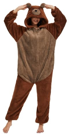 chuangminghangqi Pyjama Femme Combinaison Vêtements Grenouillère Femme en Polaire Unisexe Animal Costume Homewear Party Onesie(Ours Brun,S)