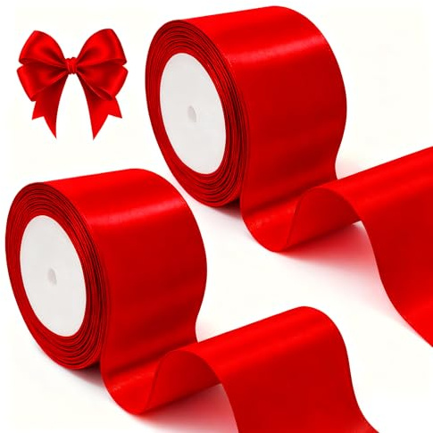 KELAV Ruban Satin Rouge 50mm 2 Rouleaux, 44 Mètres Ruban Satinée pour Décoration de Noël, Emballage Cadeau, Couture, Artisanat, Bouquets