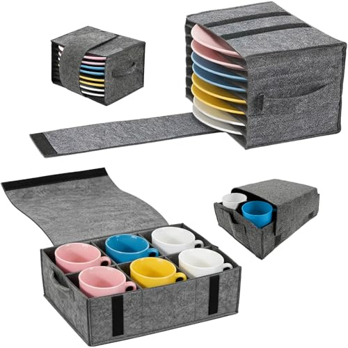 NBOUOU 2Pcs Motorhome Essentials Plate and Cup Storage Box Set with Dividers, Camping Plates and Bowls Set Organizer Holder for Motorhome Durable Felt Bag Protects Dishes & Mugs (Gray)
