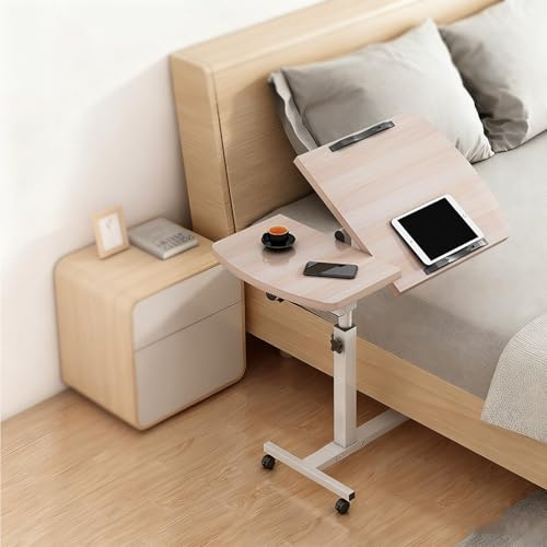 Laptoptisch Höhenverstellbar mit Rollen ＆ Aufbewahrungskorb, tragbarer Beistelltisch für Bett mit Kippbarer Tischplatte & Kantenschutz, mobiler Stehpult für Büro Bett Sofa (Holzmaserung, 60 x 40cm)