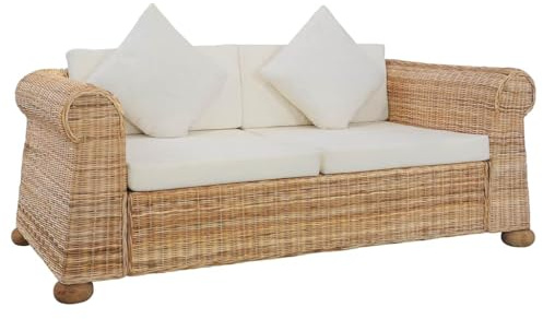 QUAHEAS 2-Sitzer Rattan Sofa Natur mit Cremeweißen Kissen, Massivholzrahmen, Bequeme Couch für Wohnzimmer, Strapazierfähige Möbel für Innenbereiche