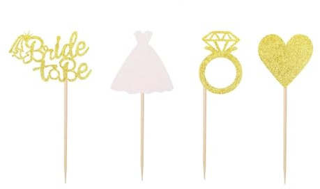 Waltonalice 24 Stück Bride to Be Cupcake Topper Hochzeit Brautkleid Diamant Ring Glitzer Tortendeko Cupcake-Dekorationen tortenfigur für Verlobung Brautdusche Party Gold