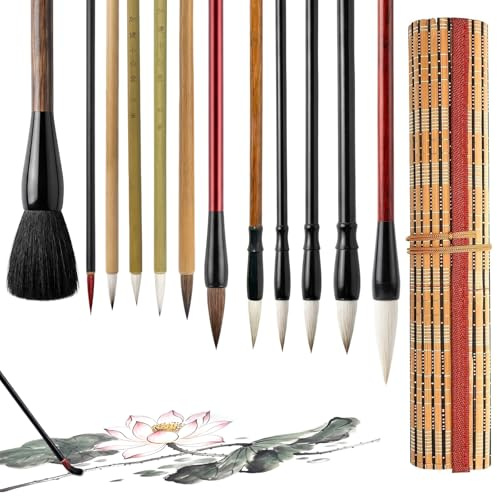 L&W Luck Set di Pennelli per Calligrafia Cinese, Dimensioni Miste, Pennelli Giapponesi Kanji Sumi per Pittura,Con Sacchetto per Spazzole (12)