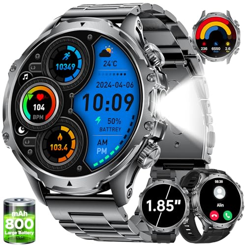 LIGE 1,85 Smartwatch Uomo con Torcia LED/800mAh, Chiamata Bluetooth, Impermeabile 5ATM, 110+ modalità Sportive, Cardiofrequenzimetro SpO2 e Sonno Smart Watch Militare per iOS Android, FV15-D