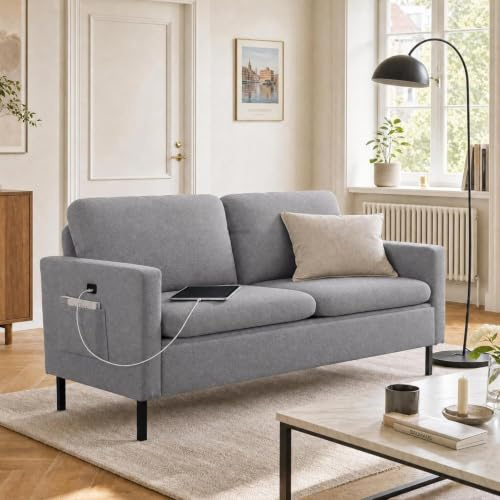 ROCSUMOO Sofa 2 Sitzer, 143 cm Stoffsofa, Hellgrau | 2 USB-Ladeanschlüsse, Modernes Zweisitzer-Sofa, Aufbewahrungstasche, Kleine Wohnzimmer Couch