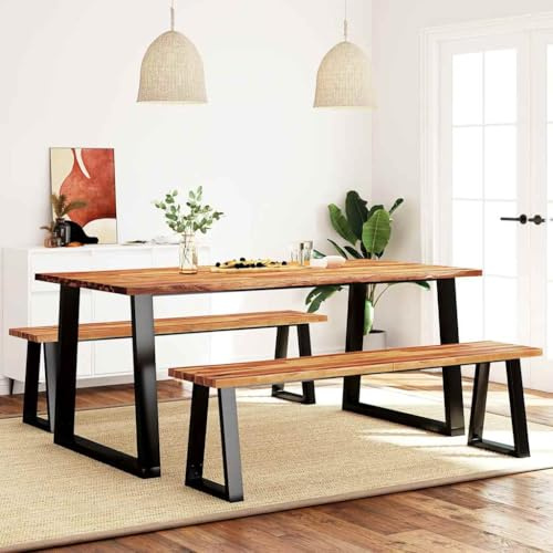 HengCaDa 3-Piece Dining Set Tree Edge Solid Acacia Wood with Powder-Coated Steel Frame 180 x 90 x 75 cm Table 2 Benches 160 x 35 x 45 cm Dining Area Furniture Set for Dining Room Kitchen Dining Area