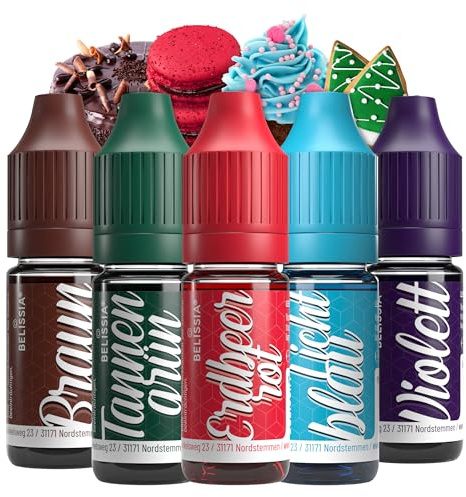 Belissia Lebensmittelfarbset Weihnachten 5x10ml flüssig zum Kochen, Backen | Stark färbende Speisefarbe, vegan, geschmacksneutral, für Fondant, Torten, Desserts, Getränke und DIY