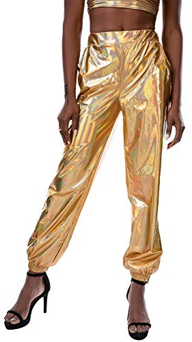 FYMNSI Damen Metallic Glänzed Hose Elastischer Bund Sporthose Locker Freizeit Casual Lang Hose Sweathose Jogginghose Leggins Einfarbig Wet Look Stretch Leggings Tanzhosen Party Disco Clubwear Gold L