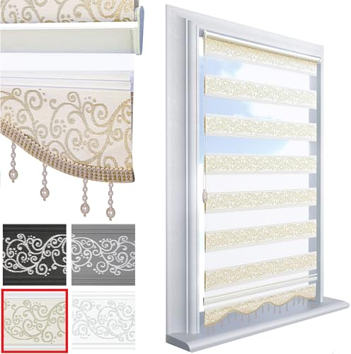 Brillant Doppelrollo Klemmfix ohne Bohren Gold Beige 200 x 90 cm (Länge x Breite) Duorollo Blickdicht mit Perlen, glitzert, Raffrollo Fenster Tür Zebra Perde Klemmrollo Seitenzugrollo