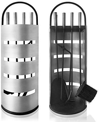 Aufun set da camino in acciaio inox 5 pezzi moderno set di accessori per camino set da camino con scopa, pala, attizzatoio, pinze e supporto con schermo per la privacy, argento