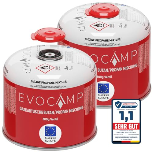 EVOCAMP 2X Propan Butan Gaskartuschen 300g, Schraubventil Eurogewinde 7/16, Ventilkartuschen 539ml mit Sicherheits-Verschlussautomatik, Gaskartuschen einsetzbar für Weber Grills Q100/1200-Serien
