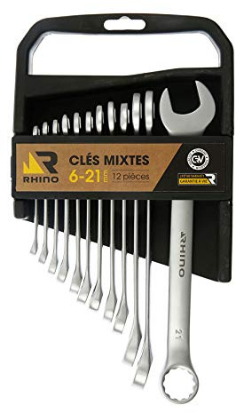Rhino - Clés mixtes, Lot de 12 clés mixte/Jeu de 12 clés de serrrage, clé à anneau/fourches combinés - Fabriqué en Acier (Chrome Vanadium) - Haute qualité - Diamètre : 6 à 21 mm - Garantie à vie